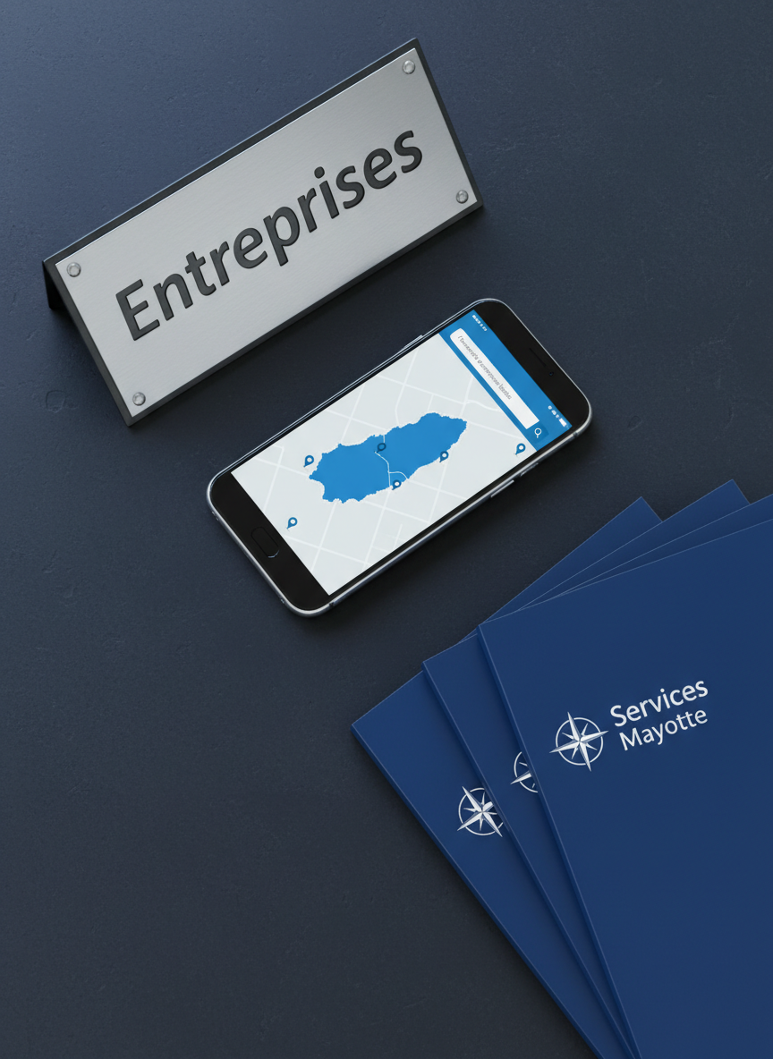 An organized collection of business-related objects symbolizing services in Mayotte: a polished metal sign engraved with the word “Entreprises”, a high-end smartphone displaying a clean, location-based search interface with a map of Mayotte, and a stack of neatly branded folders. These items are arranged on a dark slate desk surface with a faint texture. Cool, diffused studio lighting from above creates soft reflections on the metal and glass, highlighting precision and clarity. The composition uses an overhead, flat-lay perspective with careful spacing for a modern, uncluttered look. The atmosphere is calm, efficient, and highly professional, underscoring fast, organized access to local businesses.