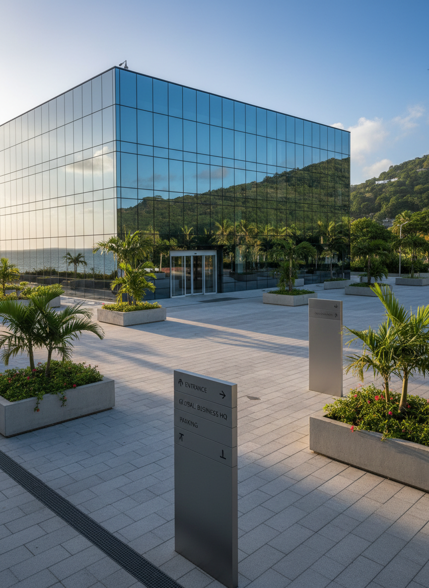 A modern glass office building in Mayotte’s coastal area, its reflective façade capturing hints of turquoise sea and lush green hills in photographic detail. The building stands on a clean, paved business plaza with carefully arranged planters and clear directional signage. Late afternoon sunlight casts crisp, diagonal shadows across the ground, emphasizing the geometry of the architecture. The camera is positioned at eye level, slightly offset to create dynamic lines leading toward the entrance. The sky is a calm, gradient blue with minimal clouds, and the overall mood is professional, aspirational, and welcoming, conveying a thriving business hub where companies can be quickly located.