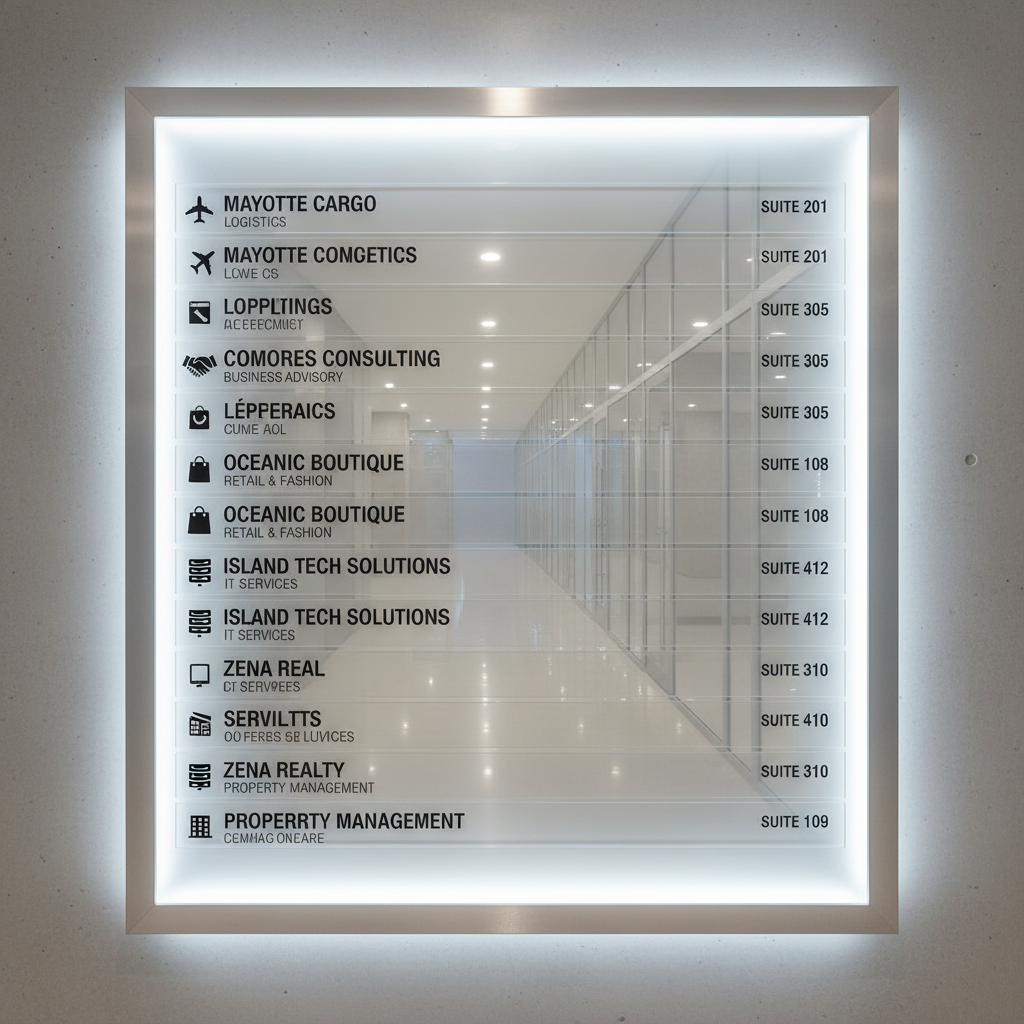 A detailed, photographic close-up of a large, backlit wall directory panel in a modern Mayotte business center. The panel shows rows of clearly printed company names, categories, and suite numbers, with subtle icons next to each indicating services such as retail, logistics, and consulting. A thin, illuminated border runs around the edges of the panel, casting a gentle glow onto the smooth, light-gray wall behind it. The environment includes glimpses of a polished tile floor and glass partitions, softly blurred. Cool white overhead lighting creates a clean, corporate ambiance. Captured straight-on at eye level with sharp focus, the mood is precise, authoritative, and highly organized, perfect for a business-finder website.